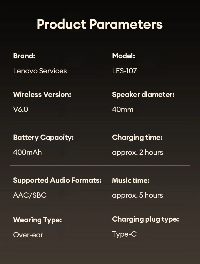 Lenovo LES-107 Wireless Over-Ear Bluetooth Sport Headphones Noise Cancelling Foldable Gaming Headset HiFi Bass Long Battery Life