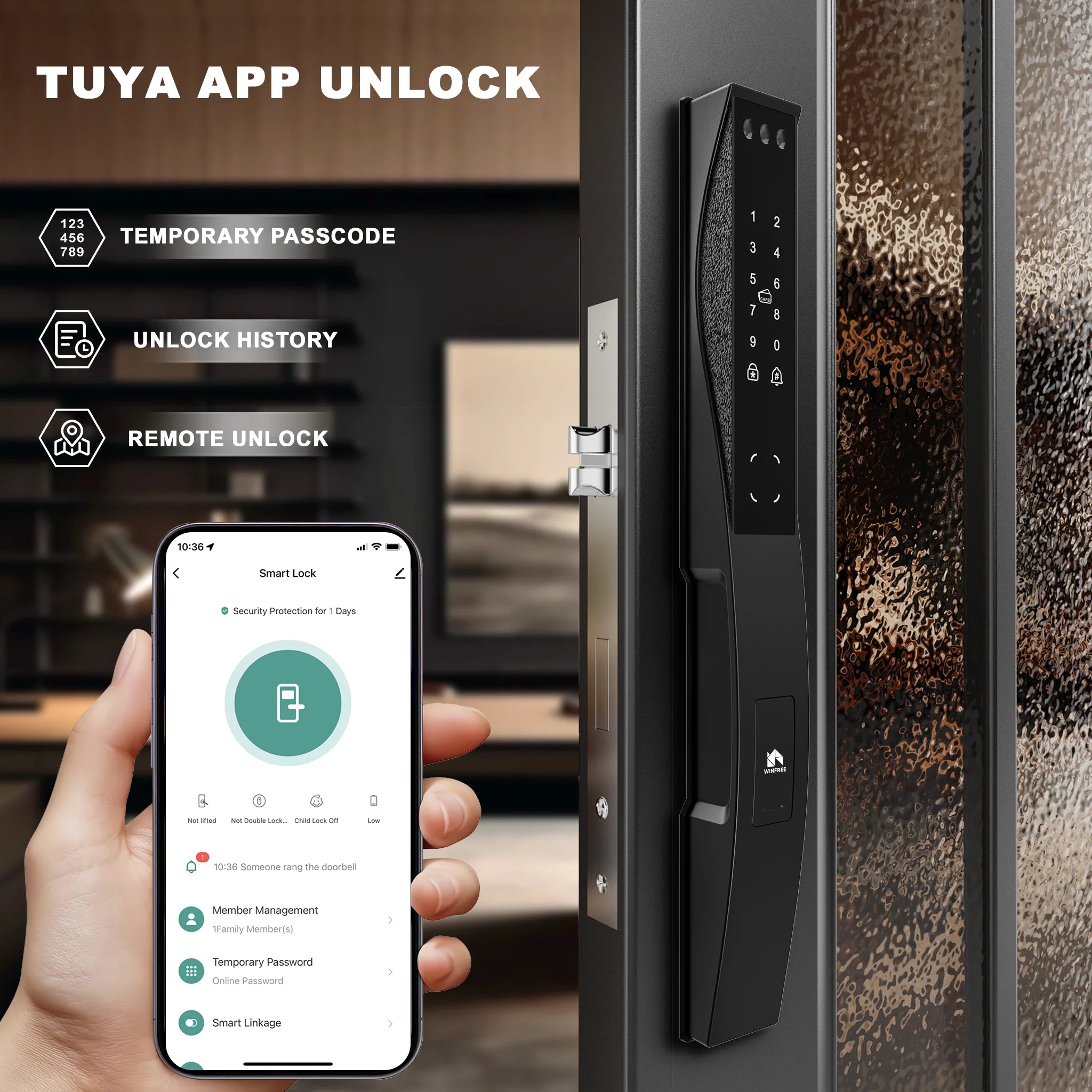 WINFREE 3D Face Recognition Smart Door Lock Slim Door Smart Lock Fingerprint Passcode Card Tuya APP Control Digital Lock Waterproof and Rechargeable Battery Intelligent Lock for Front Door and Gate