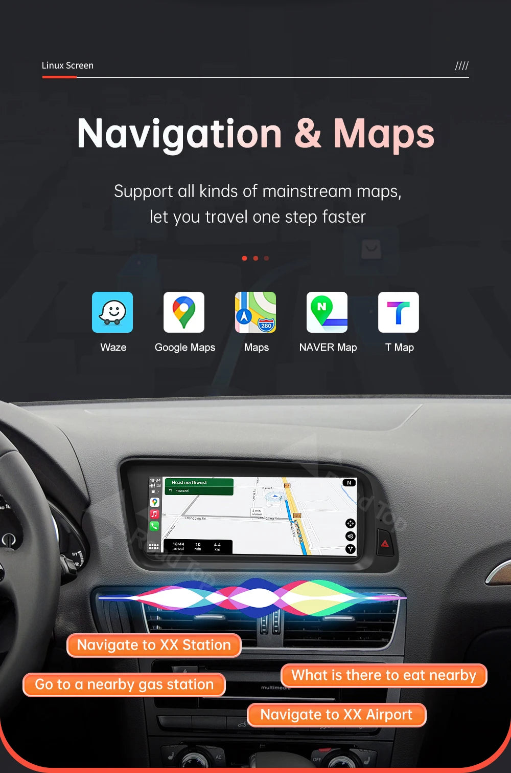 1920*720 RoadTop Linux Touch Screen Multimedia Display For Audi Q5 2009-2017 With Wireless CarPlay Android Auto Airplay Autolink