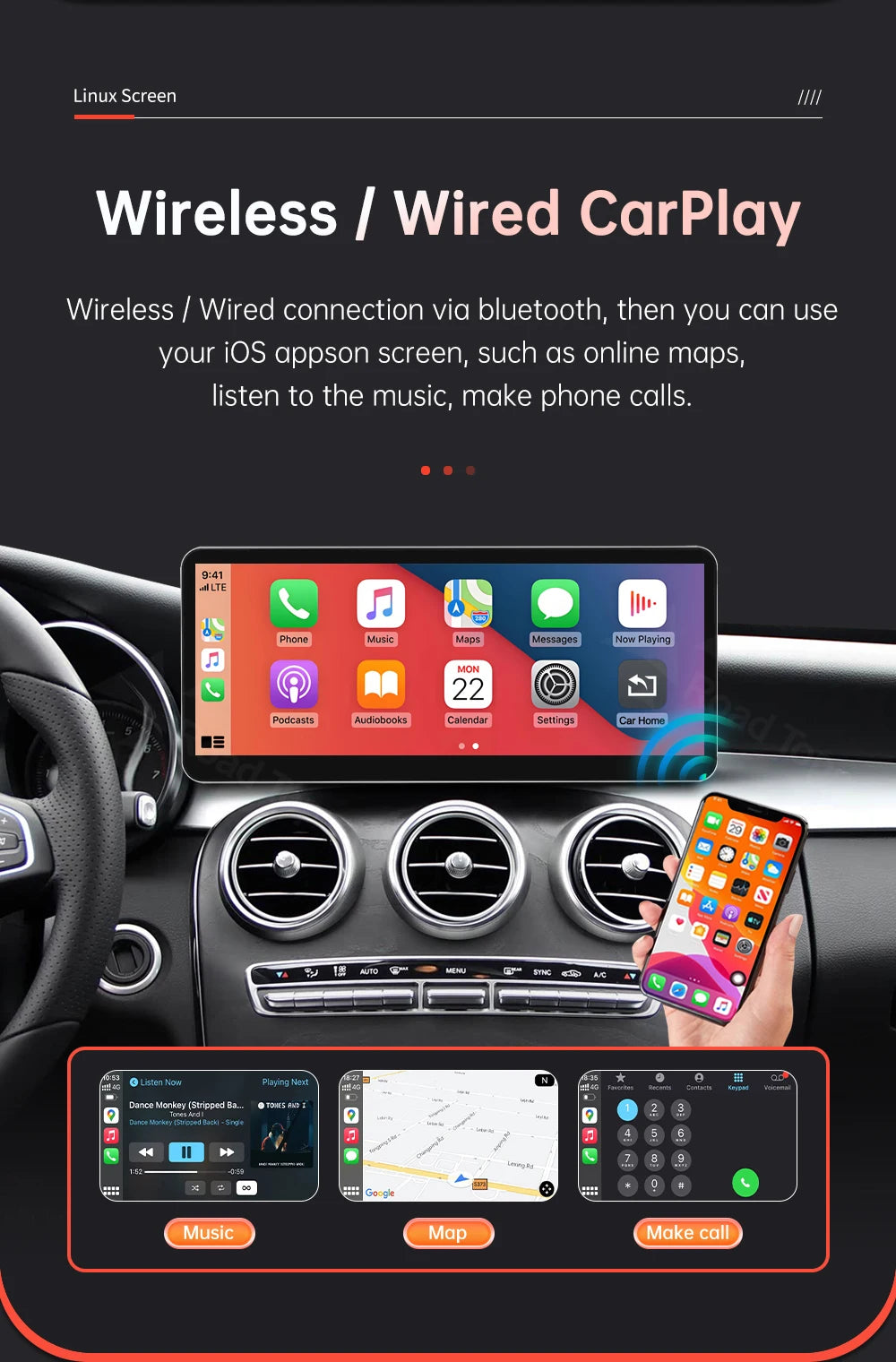 Wireless CarPlay Android Auto Multimedia Screen for Mercedes-Benz C Class W205 GLC V Class W447 A W176 CLA GLA 2015-2018 NTG5.0