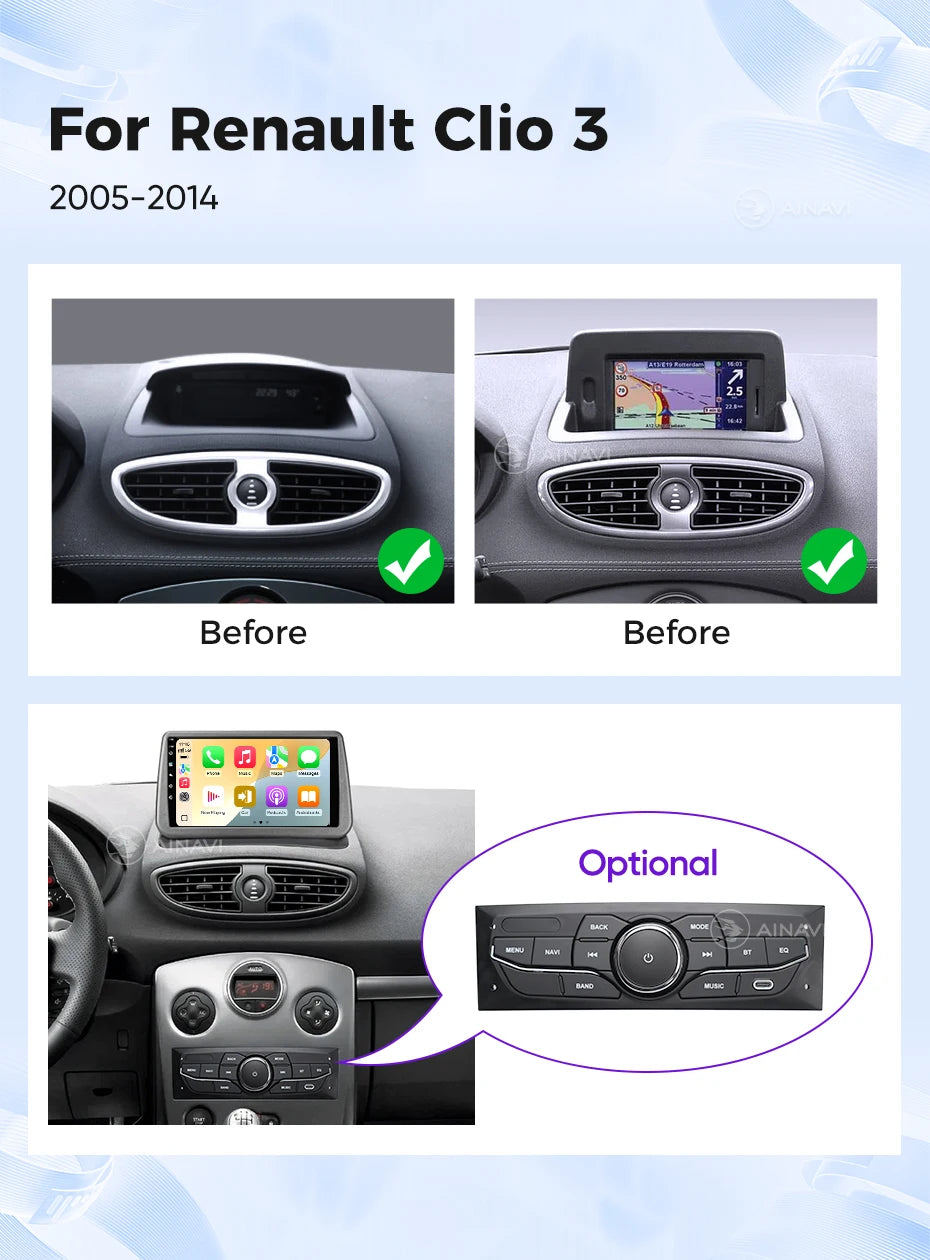 Ainavi Car Radio for Renault Clio 3 2005-2014 Wireless CarPlay Android Auto 4G Multimedia Player Navigation GPS 2din Autoradio