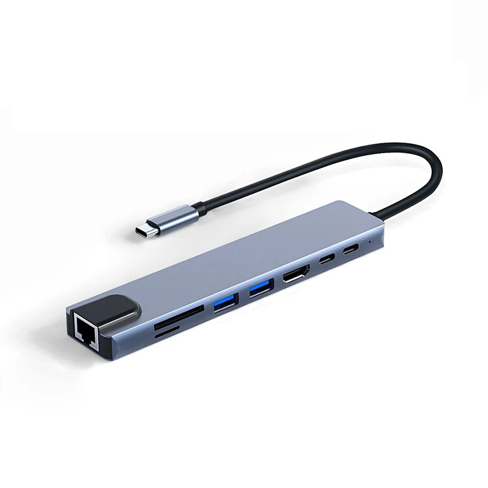 USB C Hub 8-in-1 Notebook Computer Multi-Port Adapter, 4K HD, PD, USB 3.0, RJ45, SD/TF, suitable for MacBook laptops