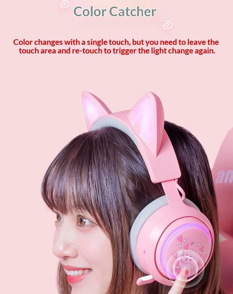 Somic GS510 Gamers Headphone With Microphone Cat Ears Rgb Light Colorful Cute Headset Noise Reduction Girl Gaming Earphones Gif