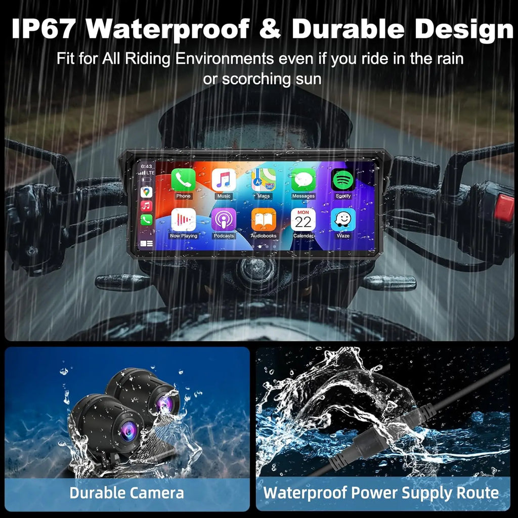 Jansite 8.1 Inch 4K Motorcycle CarPlay Screen 4K Dash Cam Wireless Android Auto Bluetooth GPS Navigation IPX7 Waterproof Display
