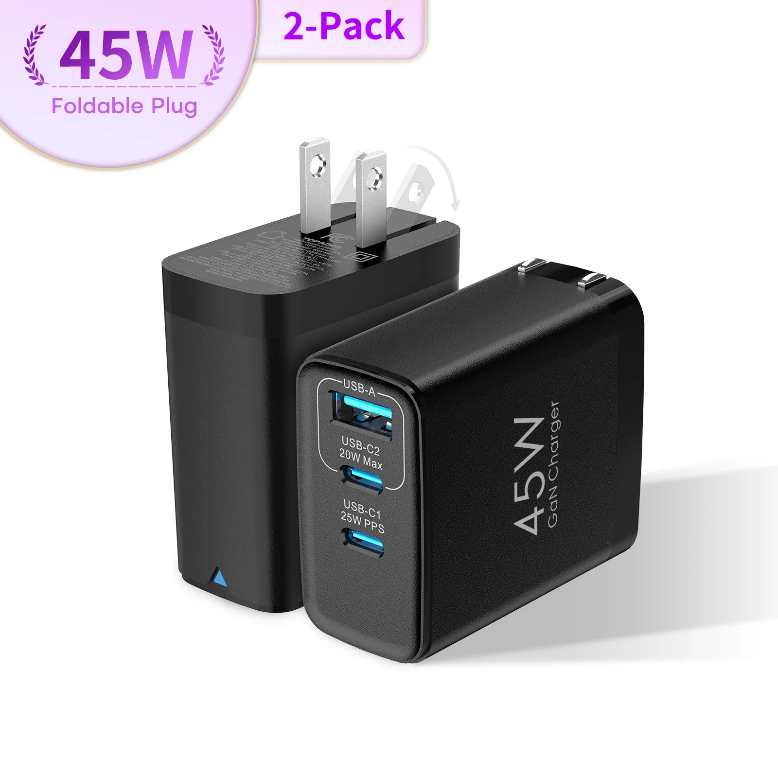 2packs 45W 3 Port USB Charger Type C Fast Charge Mobile Phone Adapter For iPhone Samsung Xiaomi Huawei Quick Charge Wall Charger