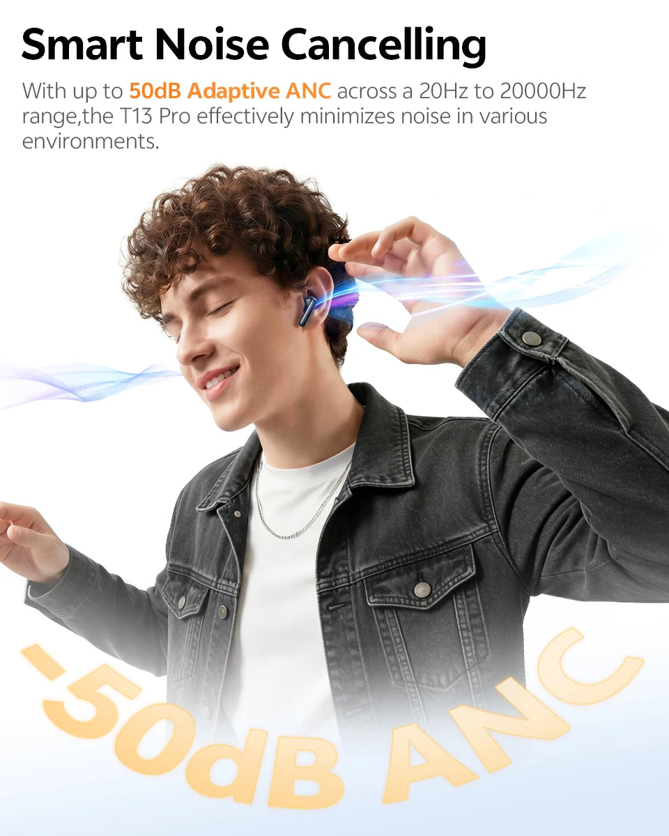 QCY T13 Pro HT23 Adaptive ANC Wireless Earbuds 13mm Drivers Powerful Bass 50dB Hybrid ANC Bluetooth 6.0 Earphones 6 Mics ENC 47H
