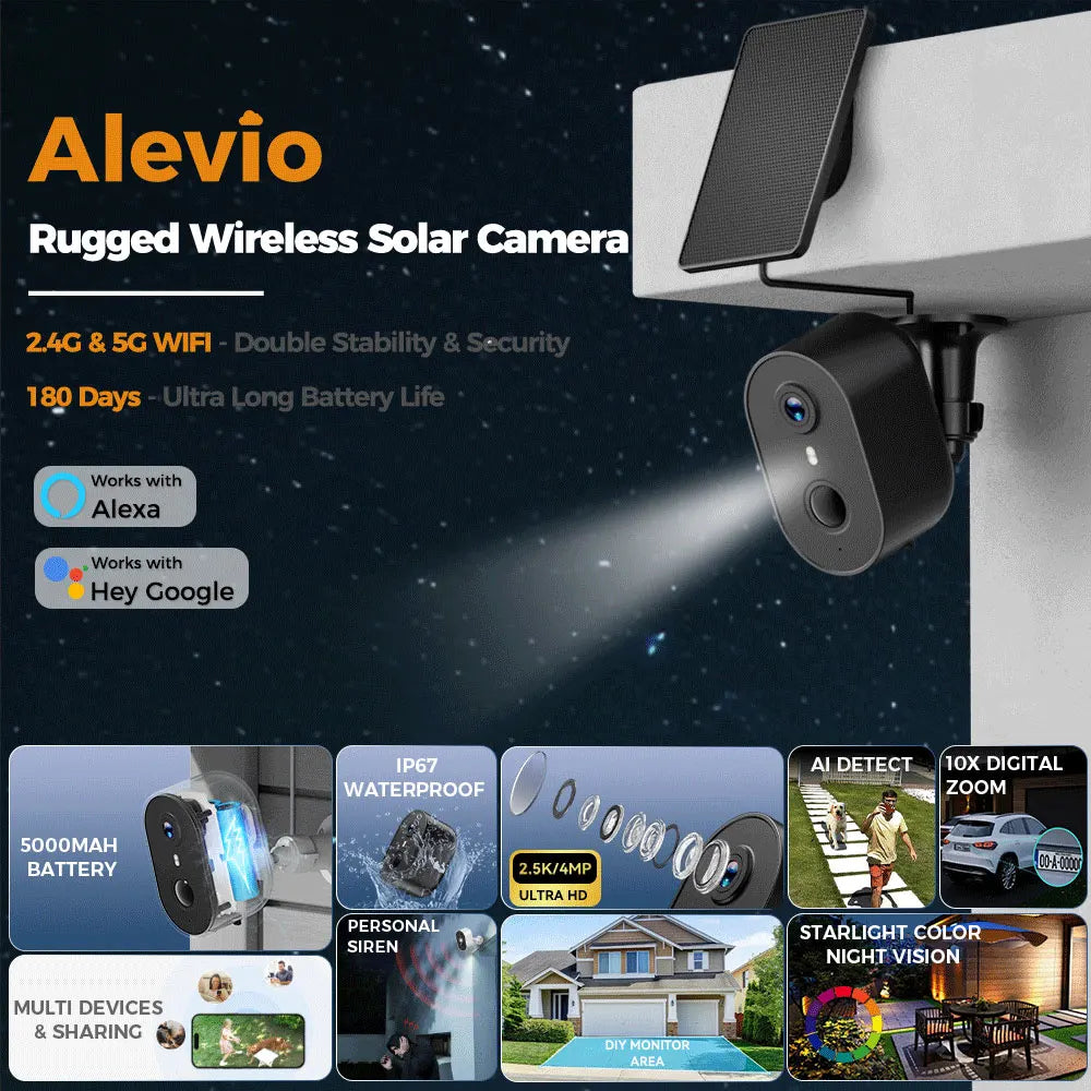 ALEVIO 2.5K Outdoor Solar Surveillance Camera WiFi Wireless Security Camera Ultra Standby AI Detection Color Vision Battery Cam
