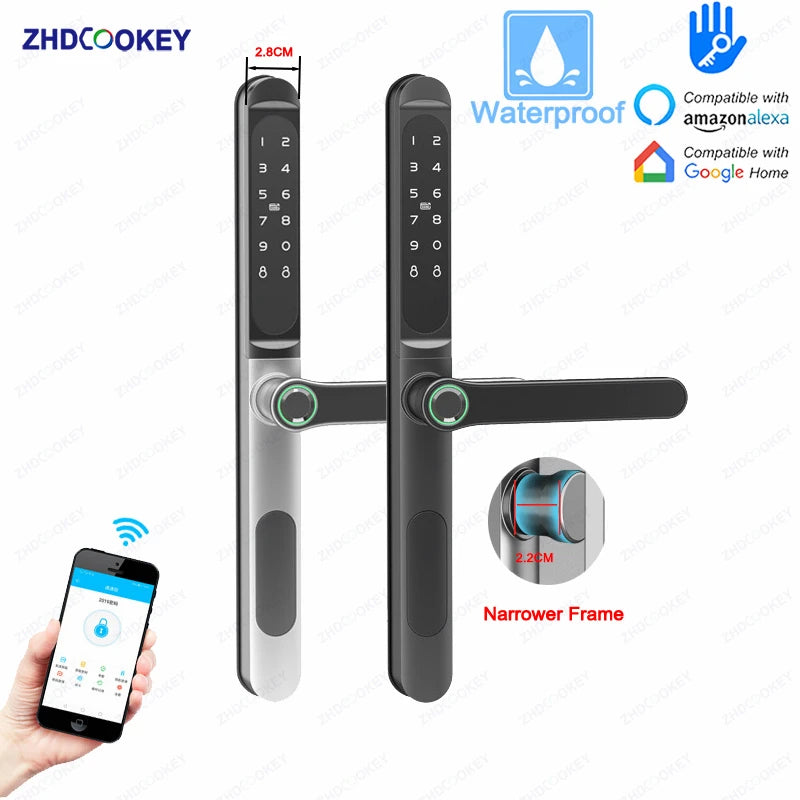 ZHDCOOKEY Fingerprint Biometric Slim Waterproof Smart Door Lock Aluminum RFID Card Password TTLock Electronic Sliding Door Locks