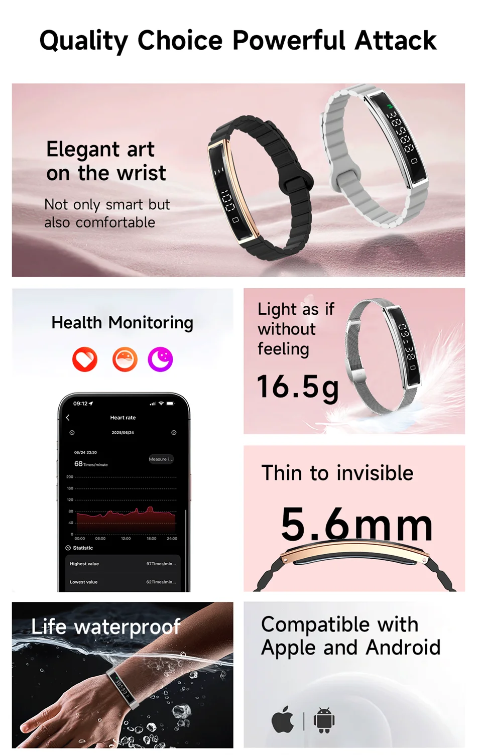 2026 New Fashion Women Smart Bracelet Sport Mode Fitness Tracker Heart Rate Health Monitoring IP68 Waterproof Smart Watch Men