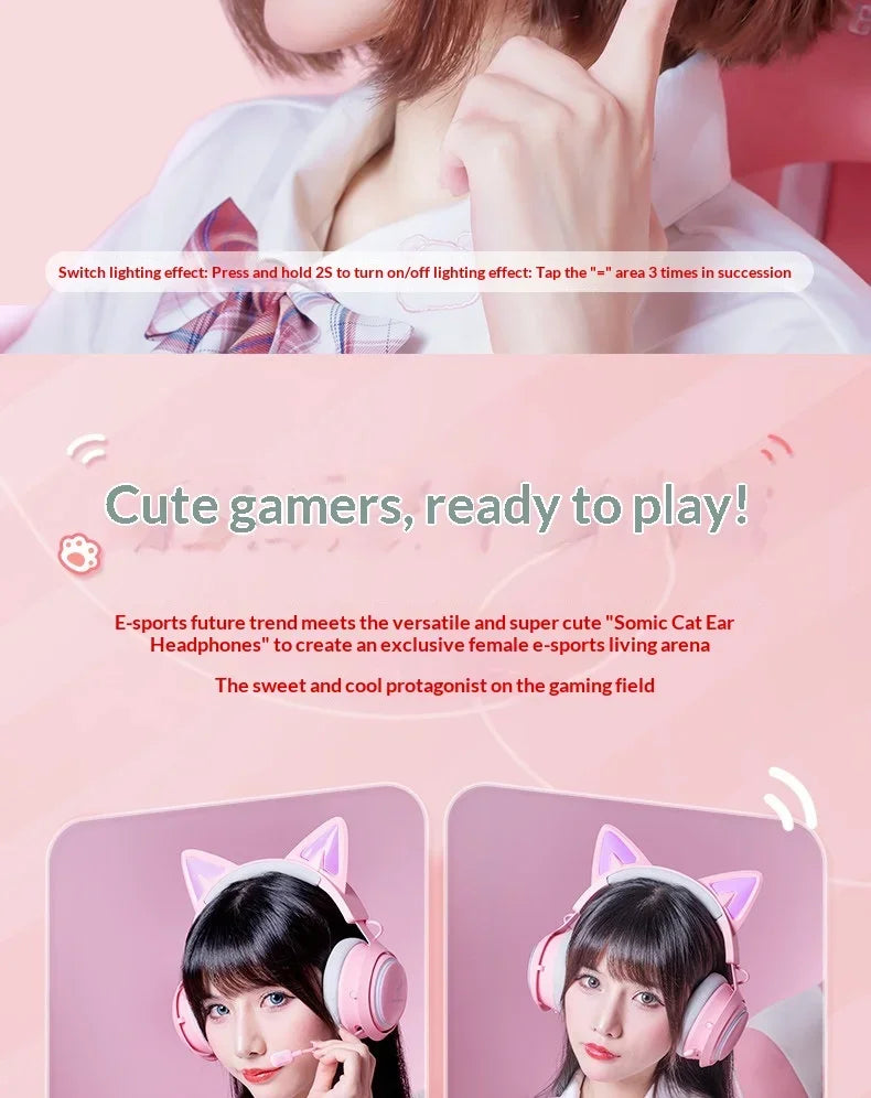 Somic GS510 Gamers Headphone With Microphone Cat Ears Rgb Light Colorful Cute Headset Noise Reduction Girl Gaming Earphones Gif