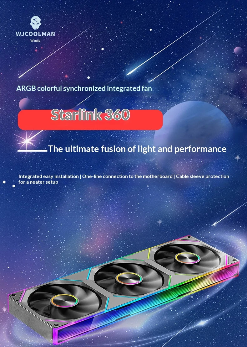 WJCOOLMAN Starlink 360/240/120 conjoined PC fan ARGB PWM Speed Control Computer Silent Case Integrated Fan easy to install