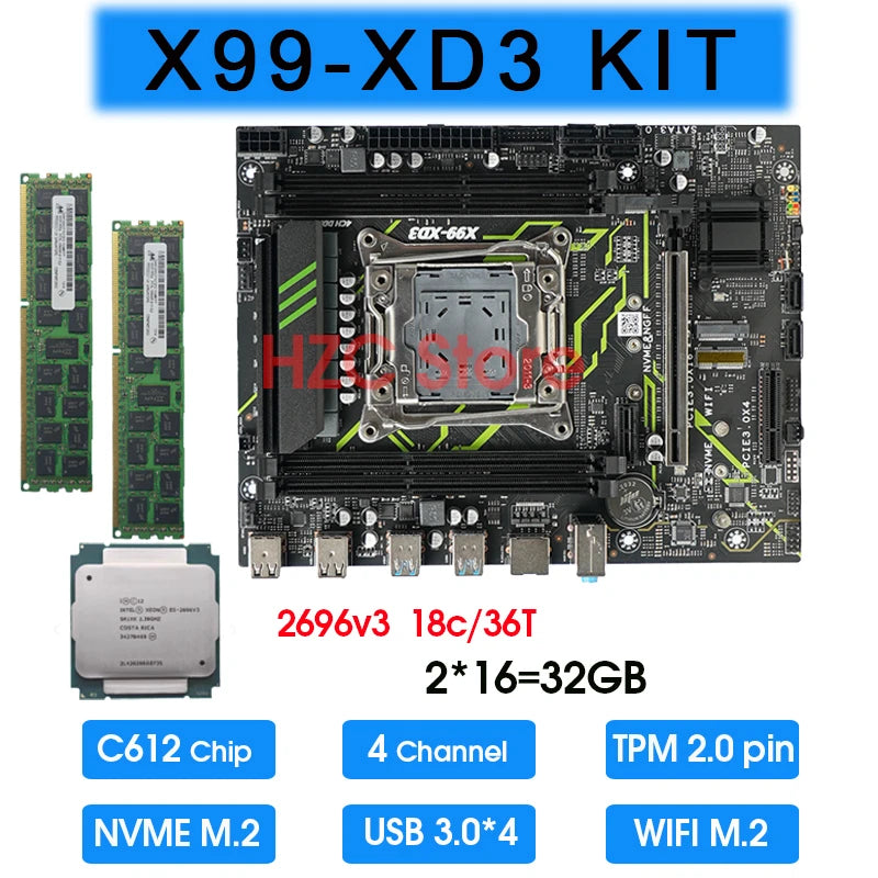 X99 DDR3 Motherboard Combo set kit with Xeon E5 2696 V3 CPU and 32GB DDR3 1600MHZ Memory completo set TPM 2.0 PIN c612 x99 kit