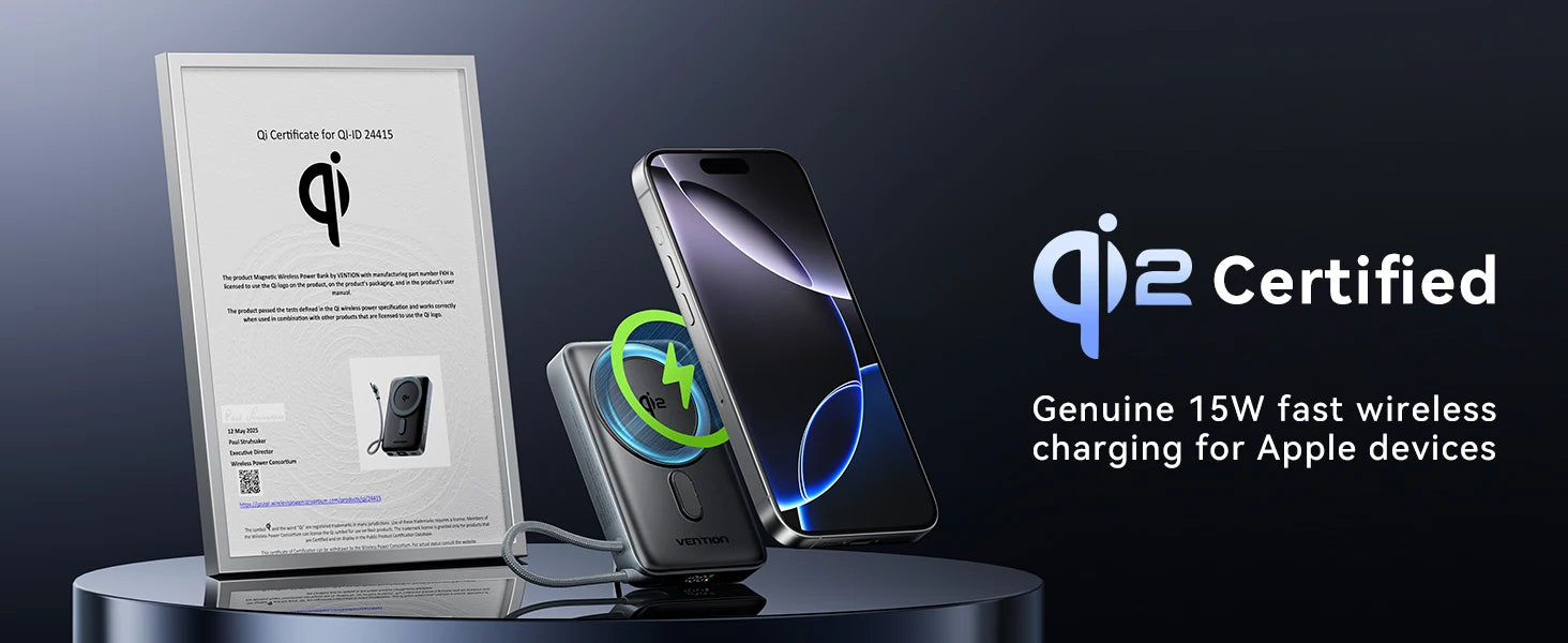 Vention Qi2 Magnetic 10000mAh 15W Power Bank PD 35W with Built-in C Cable Qi2-Certified for iPhone 17 Magsafe Charger Powerbank
