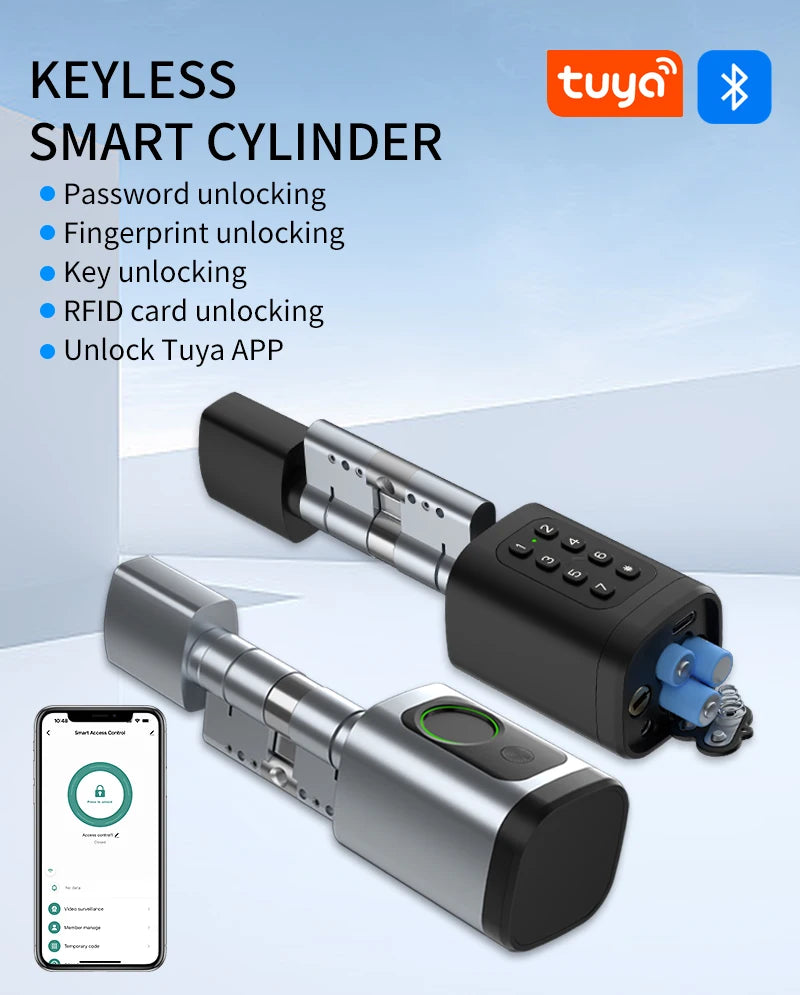 TTLock/ Tuya Bluetooth Smart Fingerprint Digital Cylinder Lock with APP/Password/RFID Card/Key unlock V1 Adjustable Length