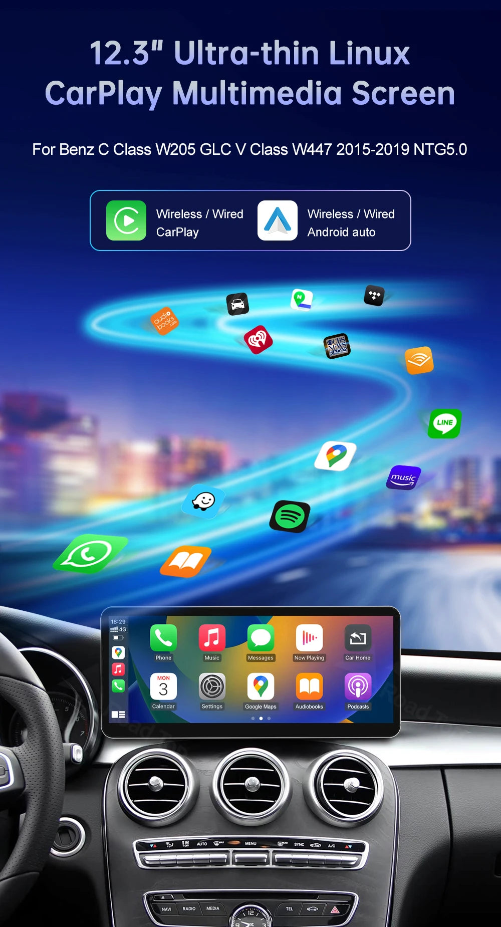 New 12.3" Linux Touch Screen for Mercedes Benz W205 GLC C V Class V447 GLA CLA NTG5.0 2015-2019 Wireless Carplay Android Auto