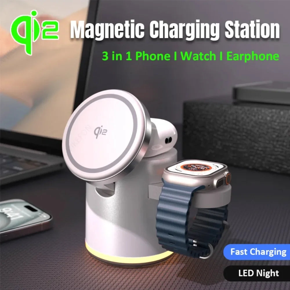 4 in 1 Foldable Fast Charging Station Qi2 15W Magnetic Wireless Charger for Magsafe iPhone16/15/14/13/12 Apple Watch AirPods Pro