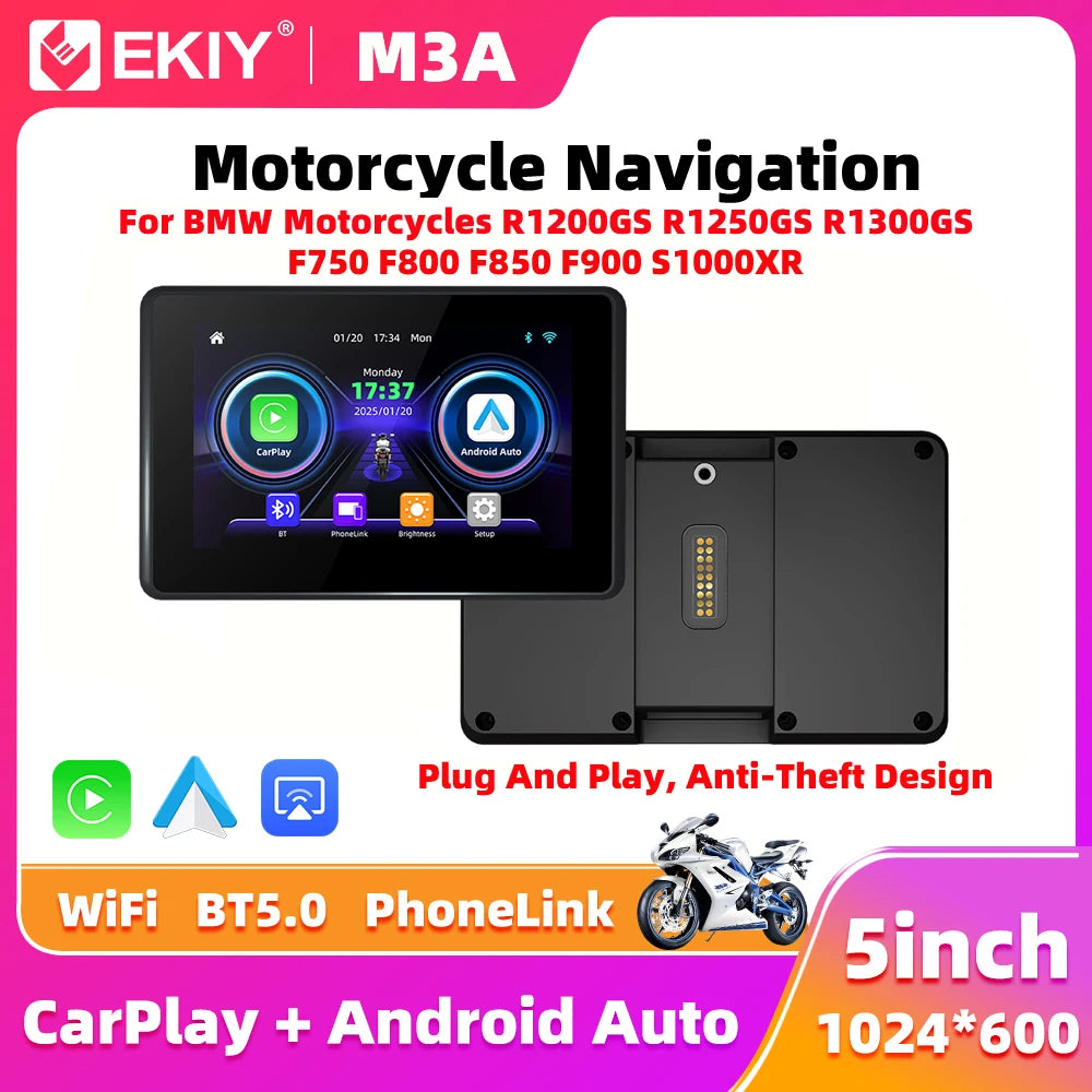 EKIY 5.0" Wireless CarPlay Moto Android Auto Portable Digital Motorcycle Dashboard GPS Navigation Screen For BMW R1200GS R1250GS
