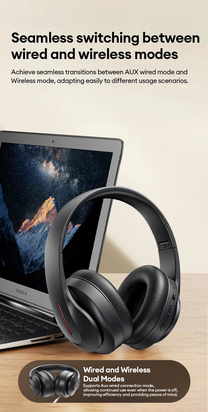 Lenovo LES-107 Wireless Over-Ear Bluetooth Sport Headphones Noise Cancelling Foldable Gaming Headset HiFi Bass Long Battery Life