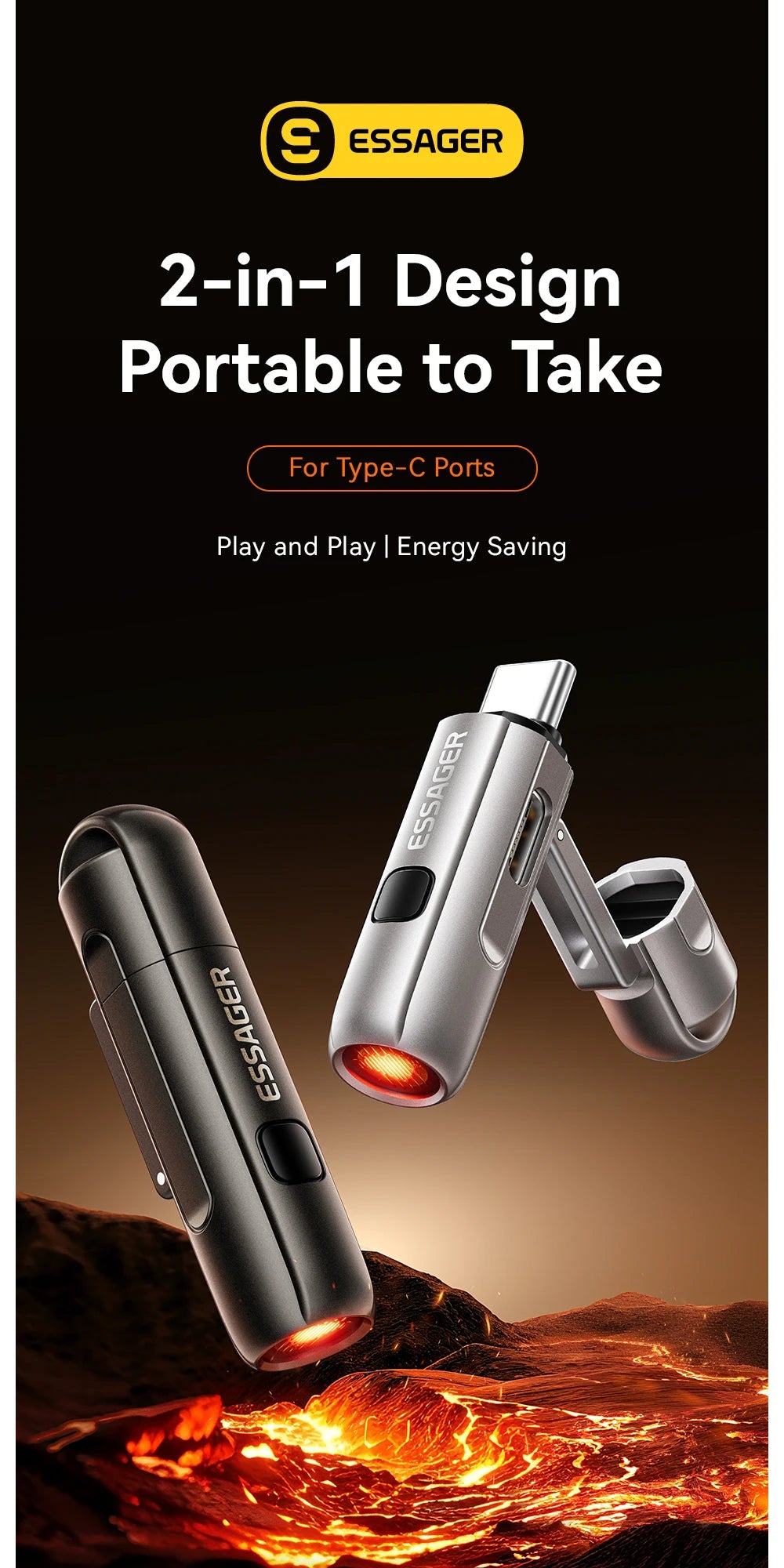 Essager 2-in-1 Type-C Portable Mini Cigarette Lighter with Air Blowing Function Outdoor Safety USB-C Adapter