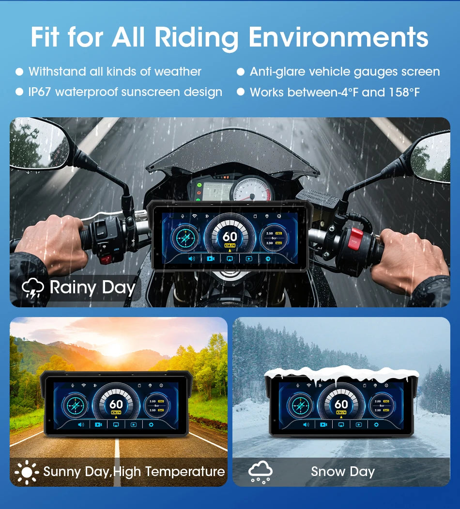 Jansite 8.1 Inch 4K Motorcycle CarPlay Screen 4K Dash Cam Wireless Android Auto Bluetooth GPS Navigation IPX7 Waterproof Display