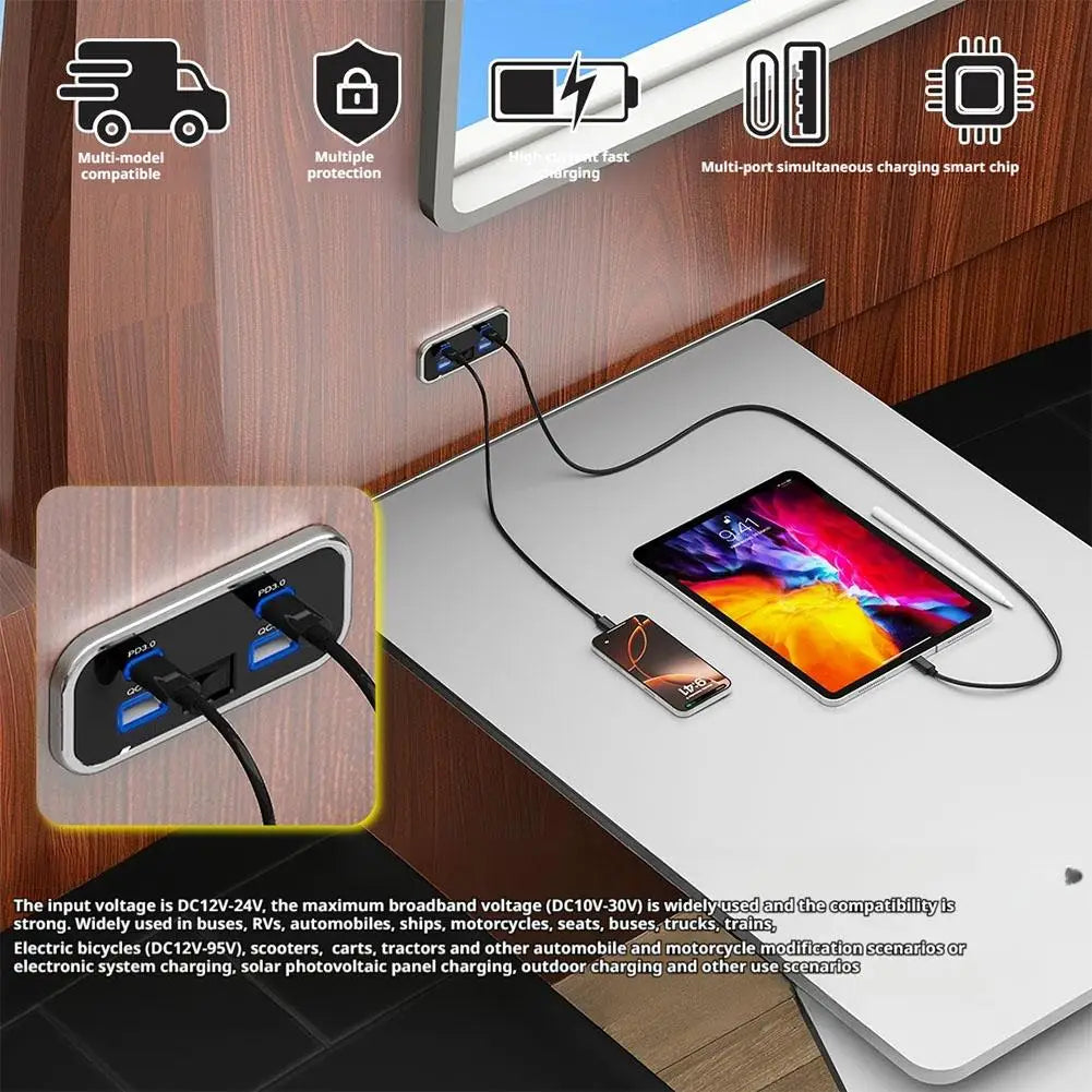Car Charger Dual USB Type-C 4 Ports Quick Charging Socket QC3.0+PD3.0 Power Adapter For SUV RV Camping Bus Marine