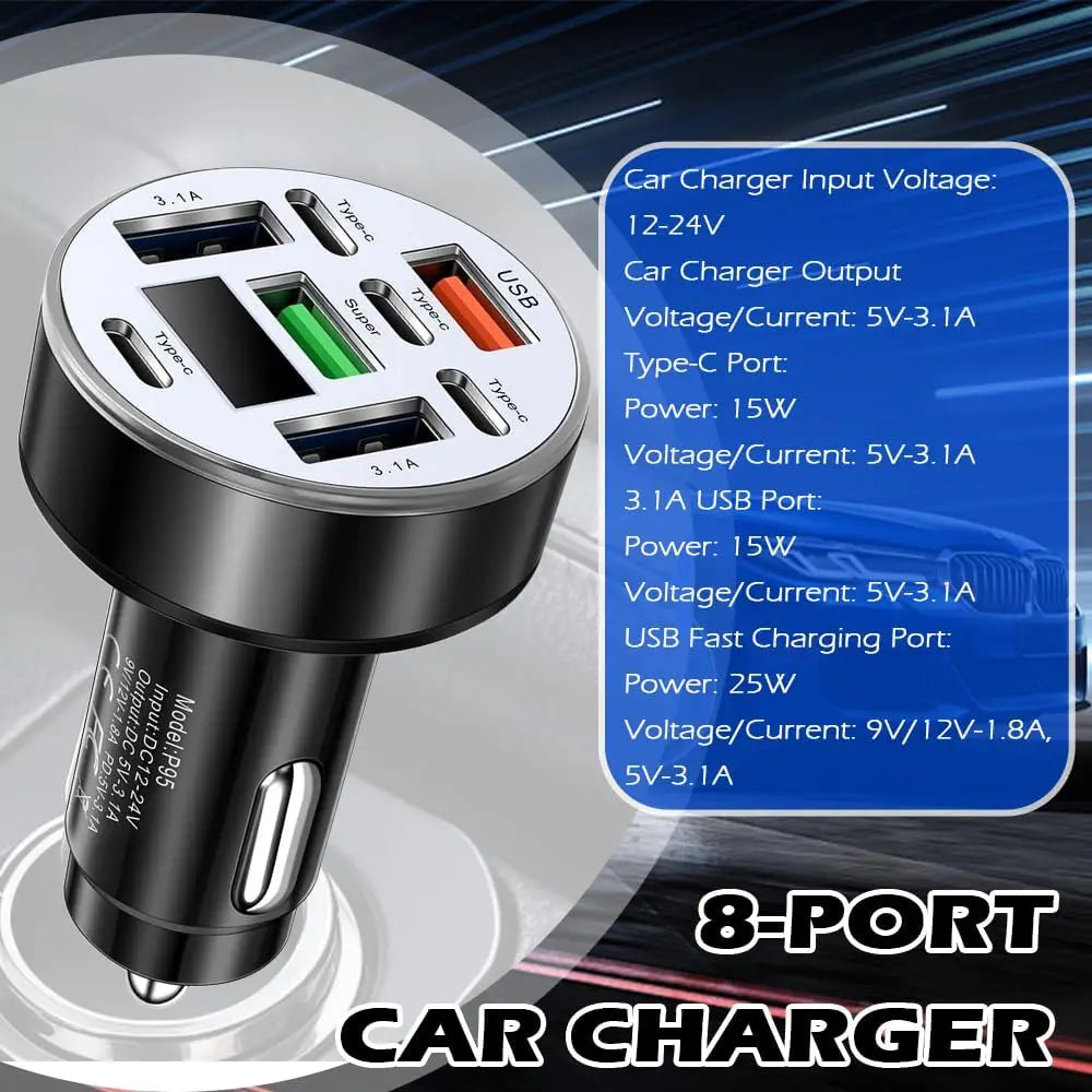 UYUXIO Multi Port USB C Car Charger Adapter 8 in 1 with Voltage Display Iight QC 4.0 PPS Super Fast Charge with Volt Meter