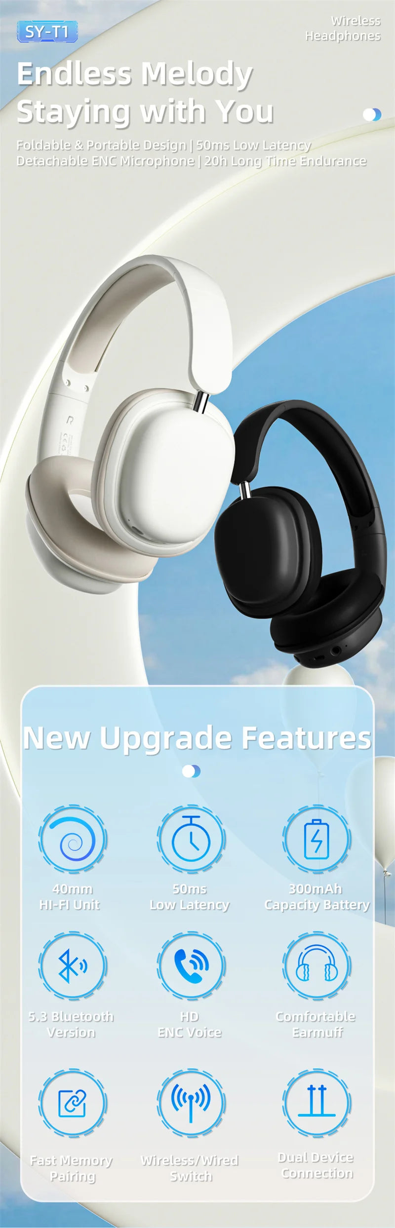 SY-T1 Foldable Wireless Headphones Lightweight Bluetooth 5.3 Earphone Pluggable Mic Stereo Music Game Headset For Friend Gifts