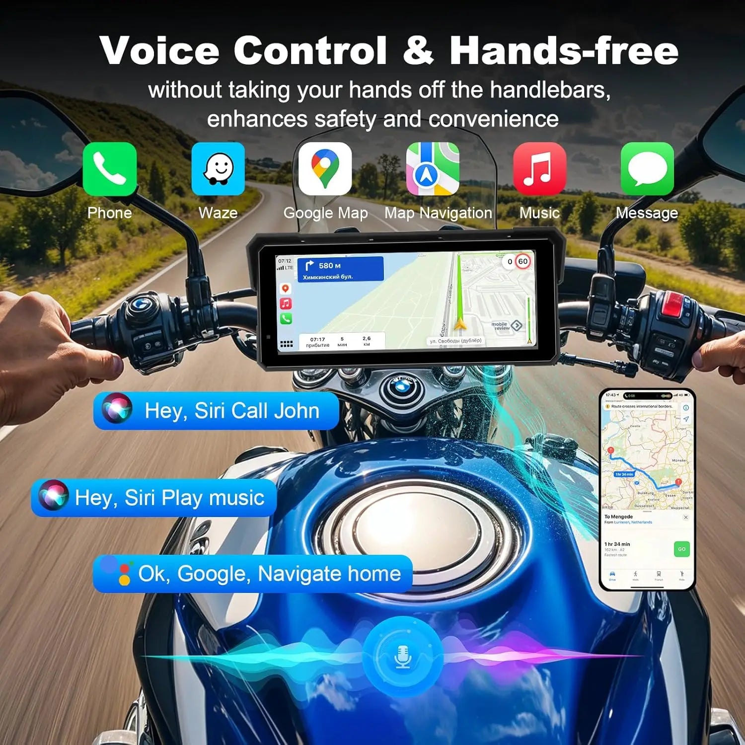 Jansite 8.1 Inch 4K Motorcycle CarPlay Screen 4K Dash Cam Wireless Android Auto Bluetooth GPS Navigation IPX7 Waterproof Display