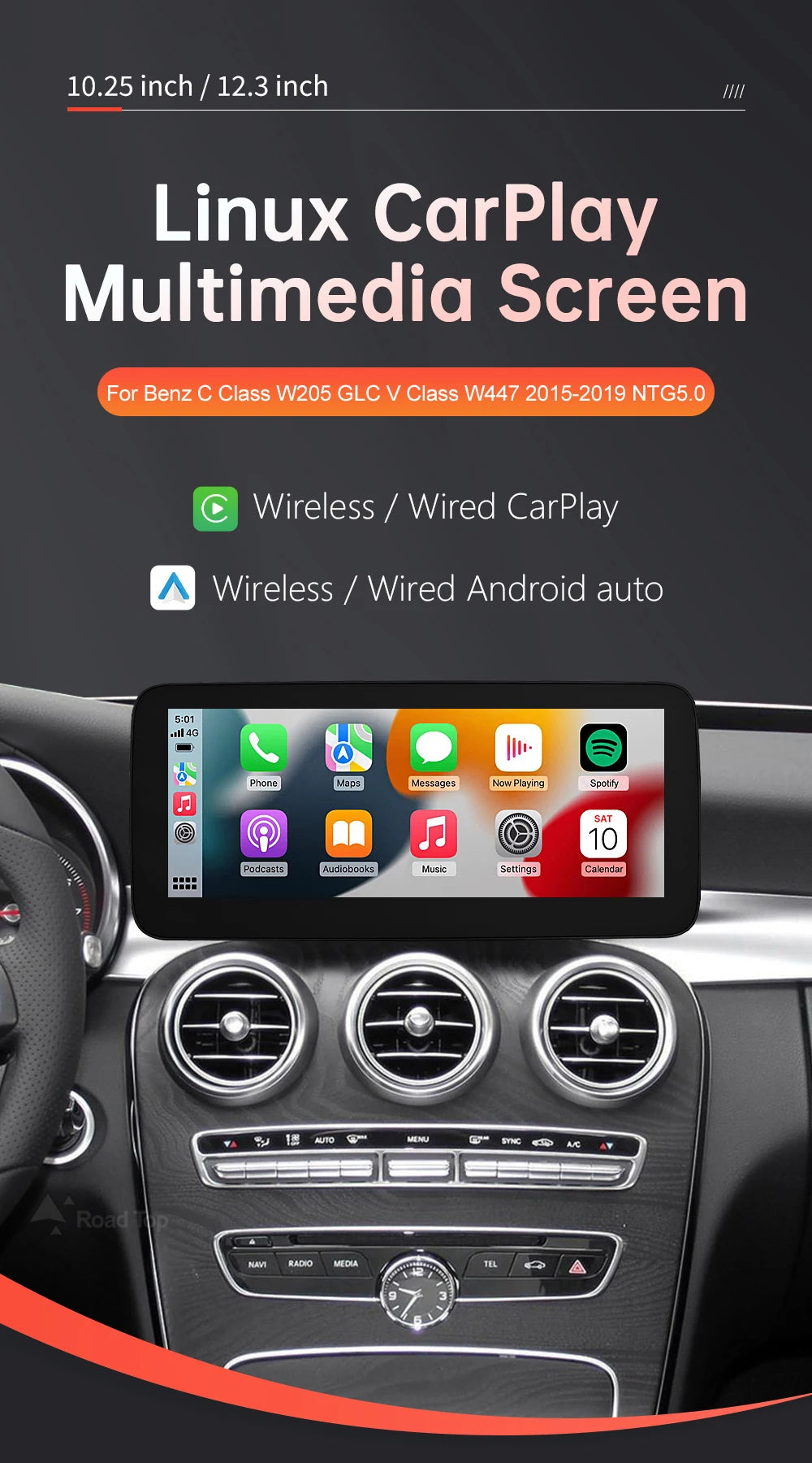Wireless CarPlay Android Auto Multimedia Screen for Mercedes-Benz C Class W205 GLC V Class W447 A W176 CLA GLA 2015-2018 NTG5.0