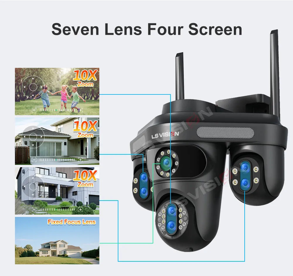 LS VISION 35MP 10X Zoom Four Screens WiFi IP Camera Wireless Outdoor Seven Lens Three PTZ Camera Auto Tracking Security Camera