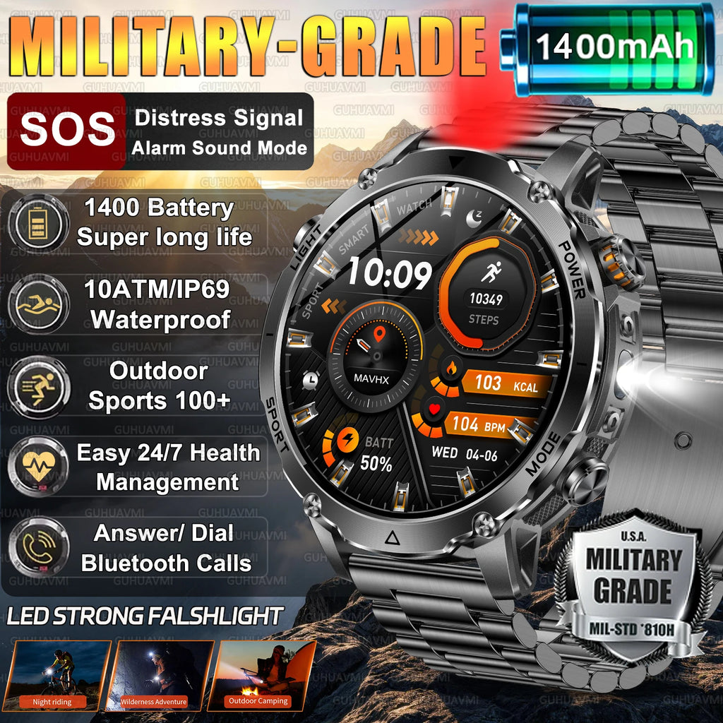 2026 New Military TANK SmartWatch Bluetooth call 10ATM Waterproof 1400mAh Battery Heart rate monitoring Outdoor Sports Watch Men