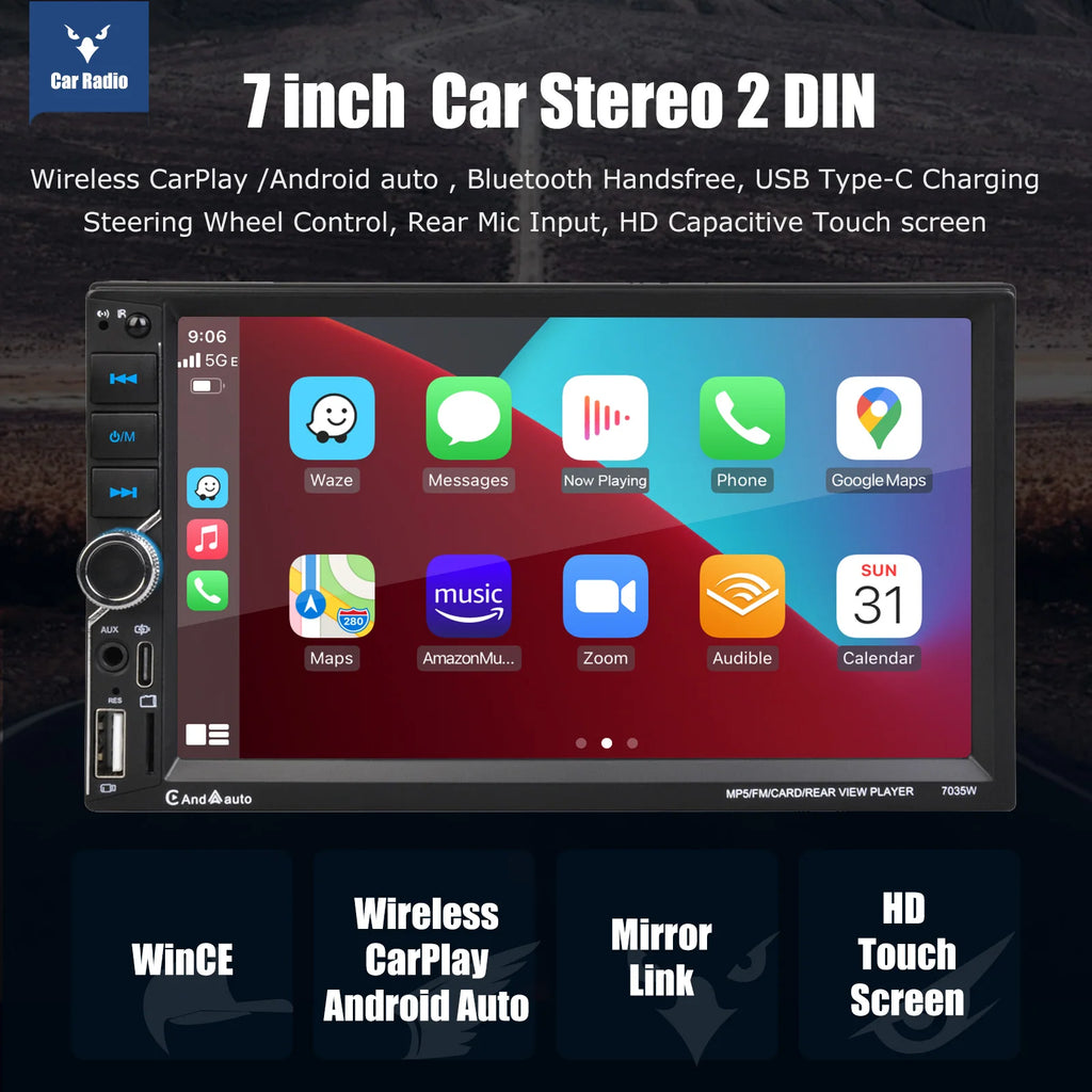 ESSGOO 7 Inch Wireless Apple Carplay Android Auto Double 2 DIN Car Stereo Radio AUX FM Bluetooth USB TF Touchscreen Mirror Link