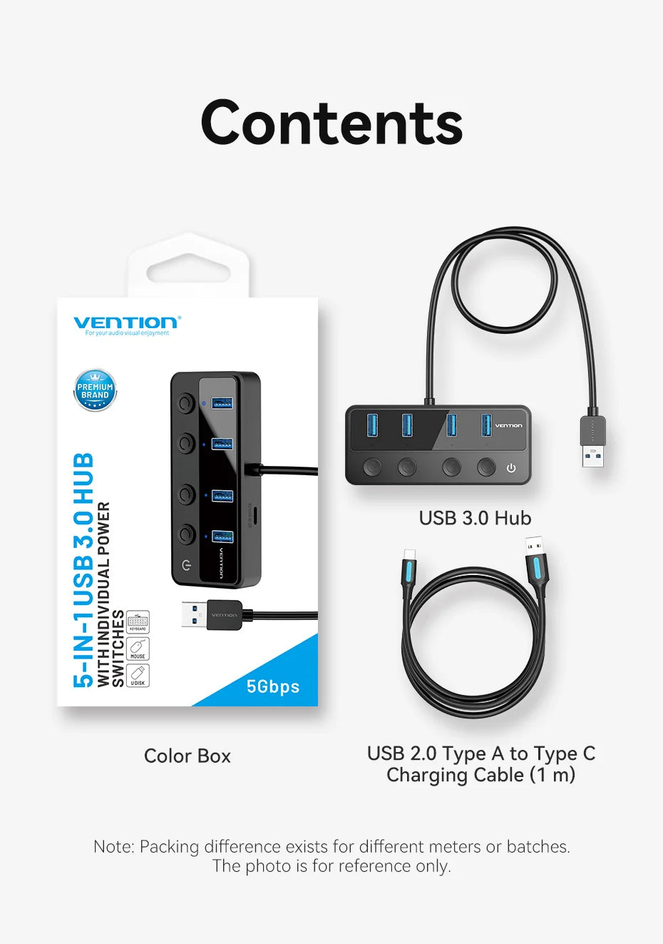Vention USB A 3.0 HUB High Speed Multi 5Gbps OFF/ON Individual Switch LED Indicator Adapter for PC Laptop USB Ports Extender