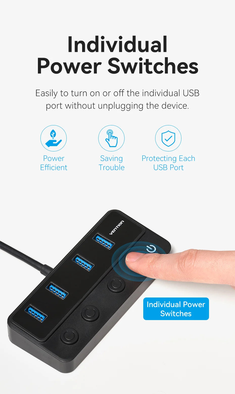 Vention USB A 3.0 HUB High Speed Multi 5Gbps OFF/ON Individual Switch LED Indicator Adapter for PC Laptop USB Ports Extender