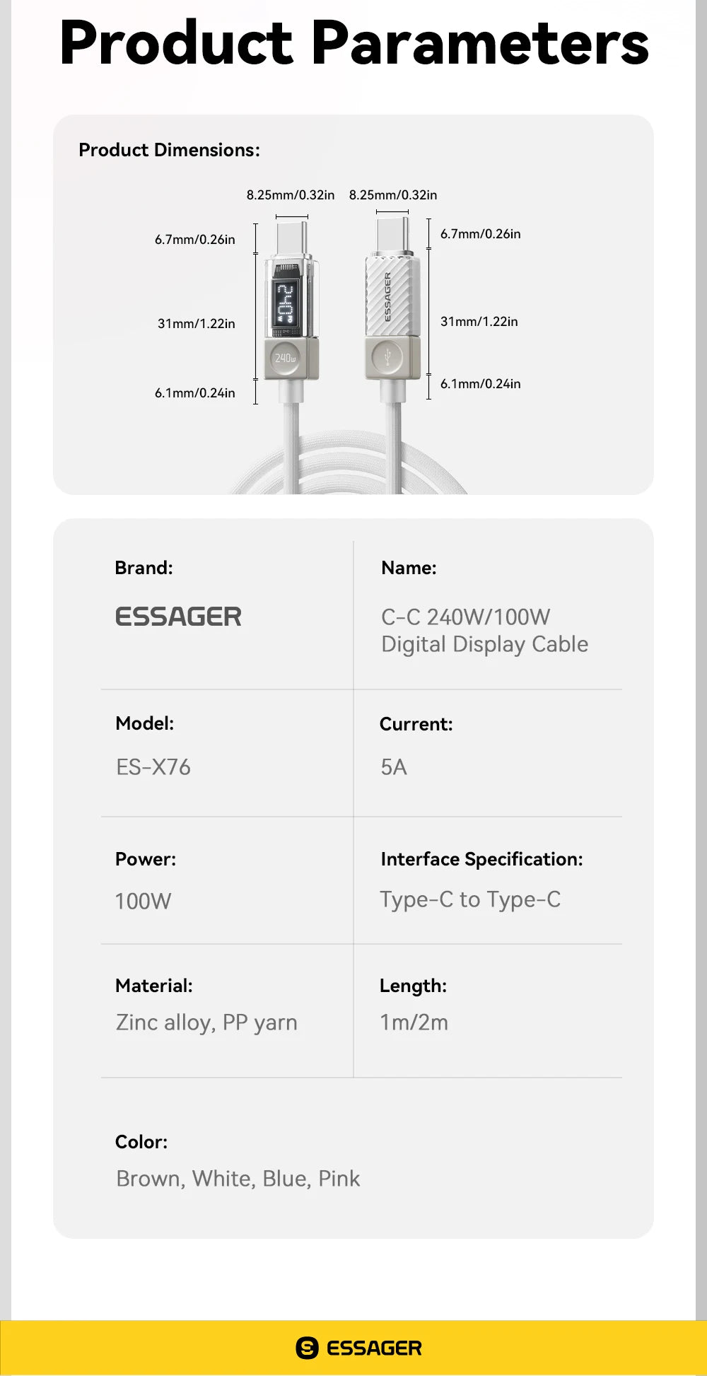 Essager 240W USB Type C Cable 100W PD 3.1 Fast Charging LED Display Charger Wire For MacBook iPhone Samsung Xiaomi iPad Laptop