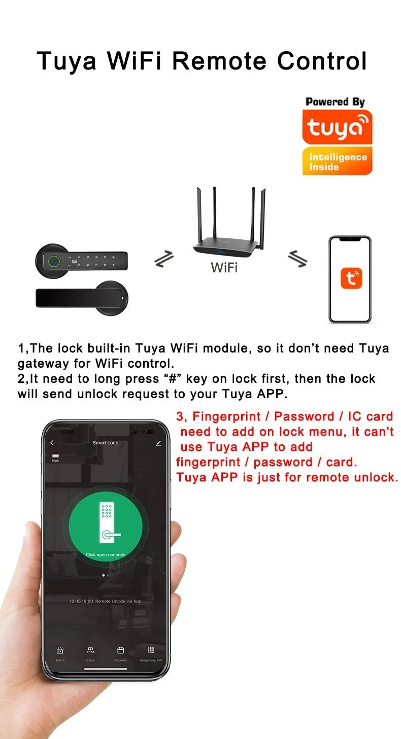 Tuya SmartLife APP WiFi Remote Control Smart Fingerprint Password RFID IC Card Dead Bolt Lock For Indoor Home Wooden Metal Door