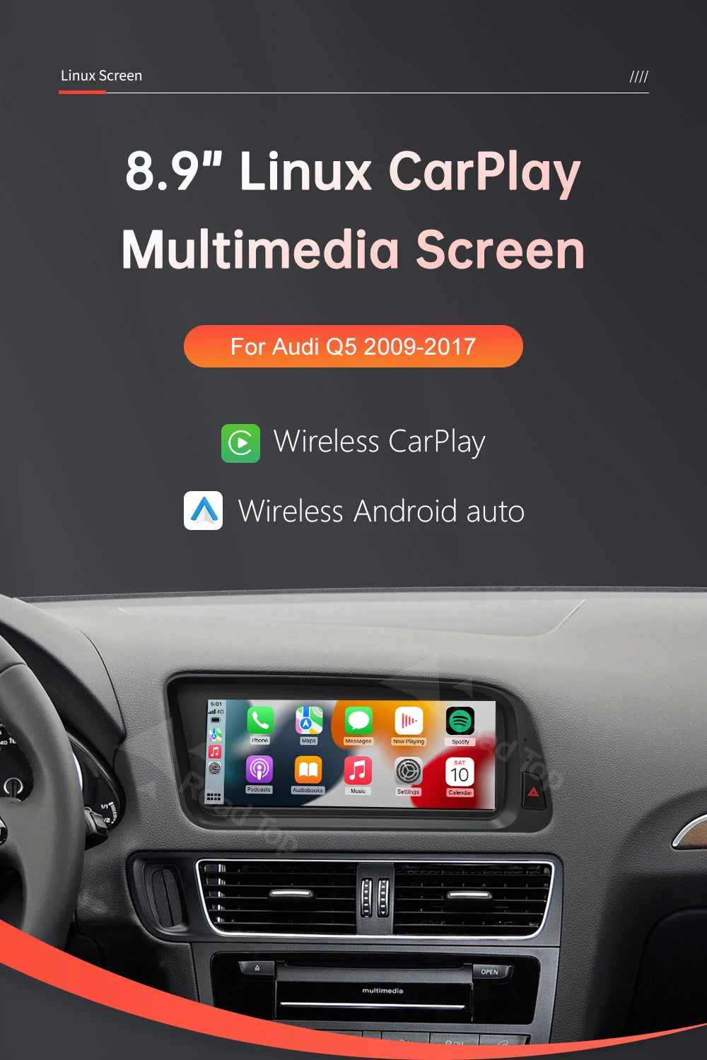 1920*720 RoadTop Linux Touch Screen Multimedia Display For Audi Q5 2009-2017 With Wireless CarPlay Android Auto Airplay Autolink