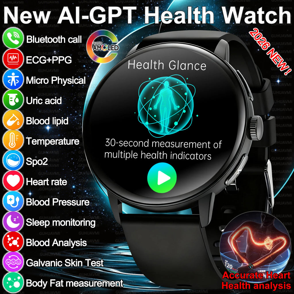 2026 New AI Accurate Diagnosis Body Fat Uric Acid BP ECG SmartWatch HD AMOLED Screen call Sport Health Smart watch For Men women