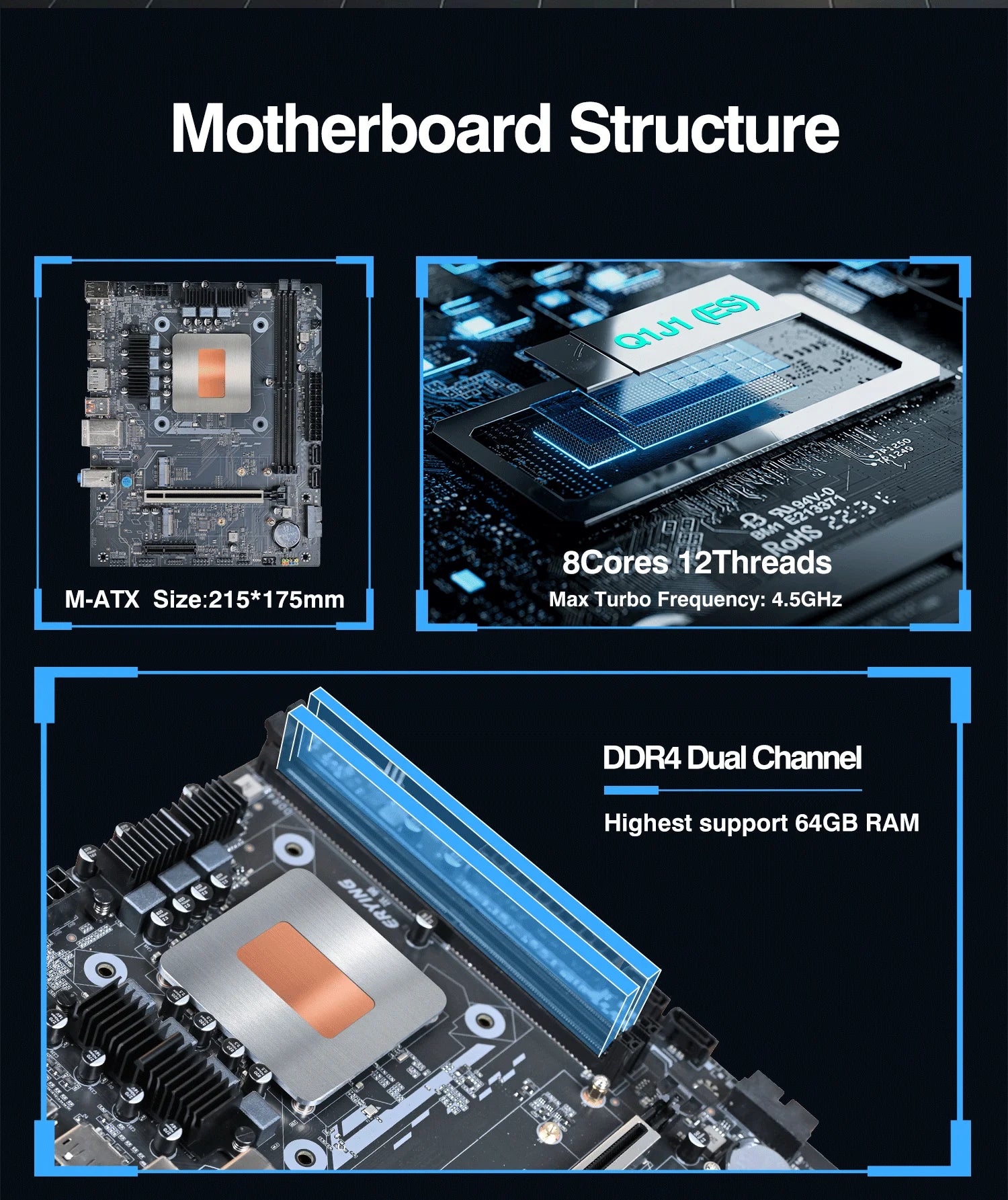 DIY Gaming Computer Motherboard with Onboard CPU 13th Core Interpose Kit Q1J1 ES 0000 8C12T DDR4 RAM LGA115X Desktop PC