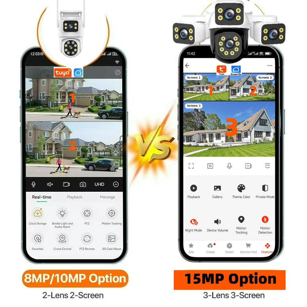 Tuya 15MP Three Lens 10MP Dual Lens Tuya Wifi Camera PTZ Outdoor Wireless Security Camera AI Human Monitoring Video Surveillance