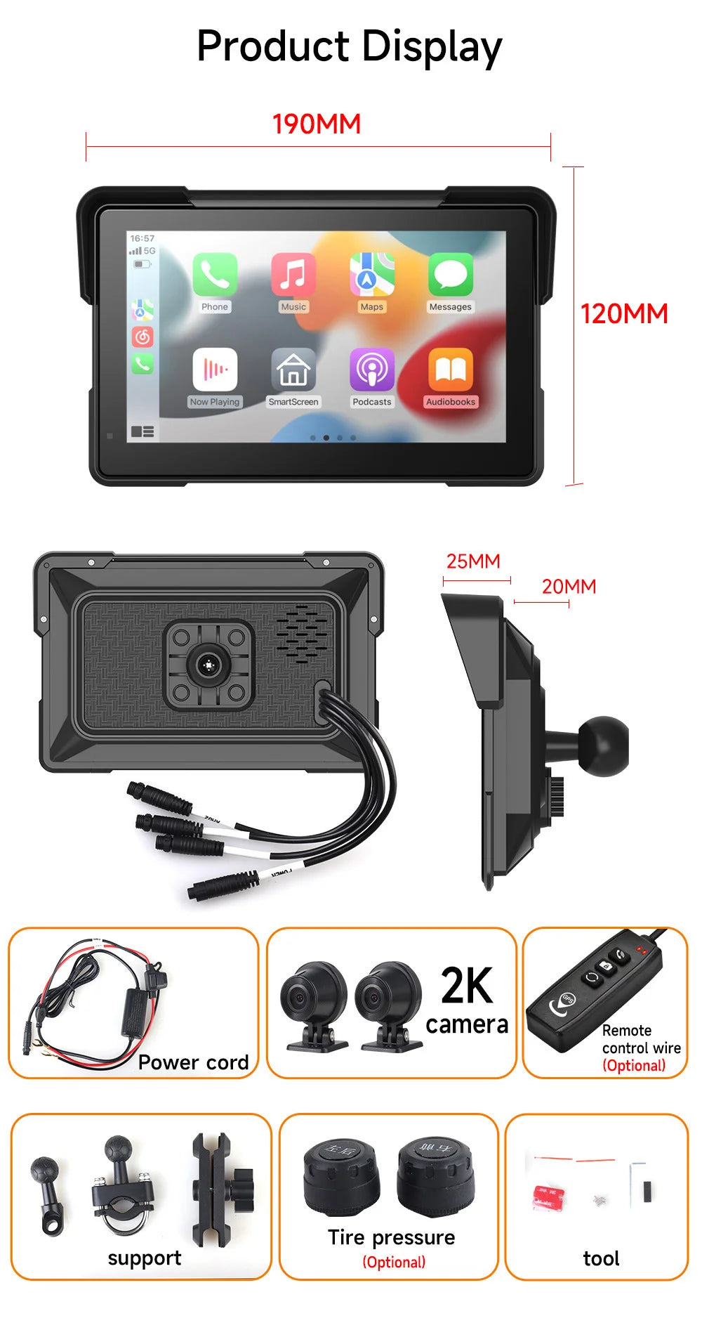 2024 Motorcycle GPS Navigation 2K HD Recorder Wireless CarPlay Android Auto Multimedia Player IP67 Waterproof Screen Bluetooth