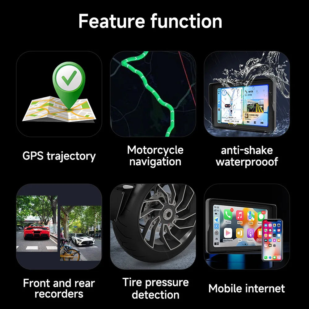2024 Motorcycle GPS Navigation 2K HD Recorder Wireless CarPlay Android Auto Multimedia Player IP67 Waterproof Screen Bluetooth