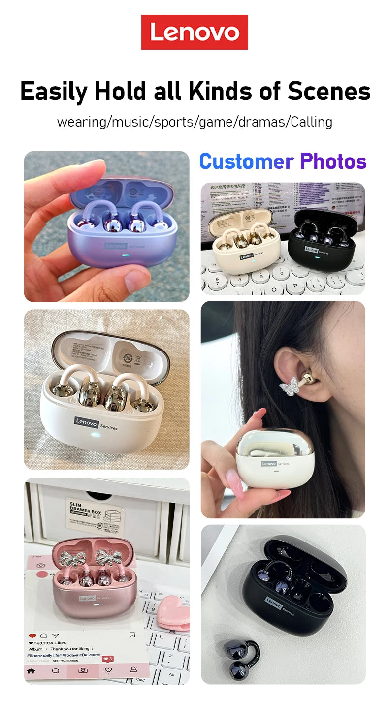 Lenovo LE302 OWS Ear Clip Earphones Wireless Bluetooth 6.0 Headset HD Call Touch Control Earbuds Low latency Gaming Headphones