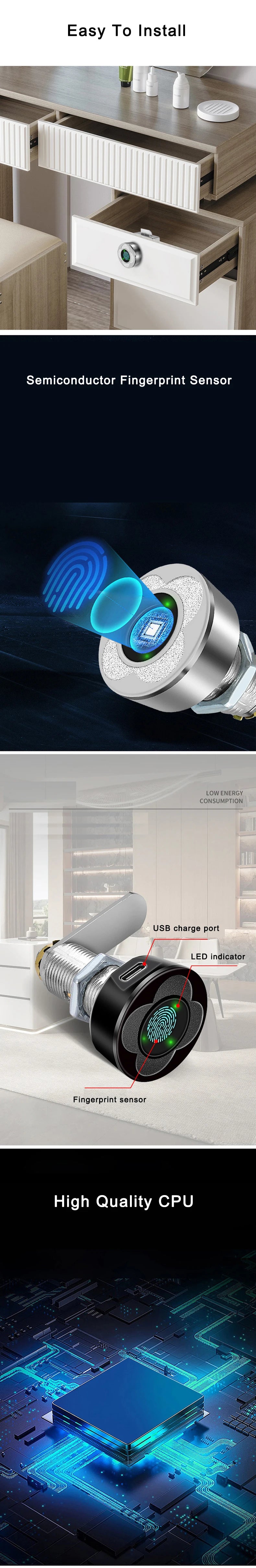 Work with Tuya APP Smart Electric Fingerprint Drawer Cabinets Lock Remote Contro for Indoor Home Office Used