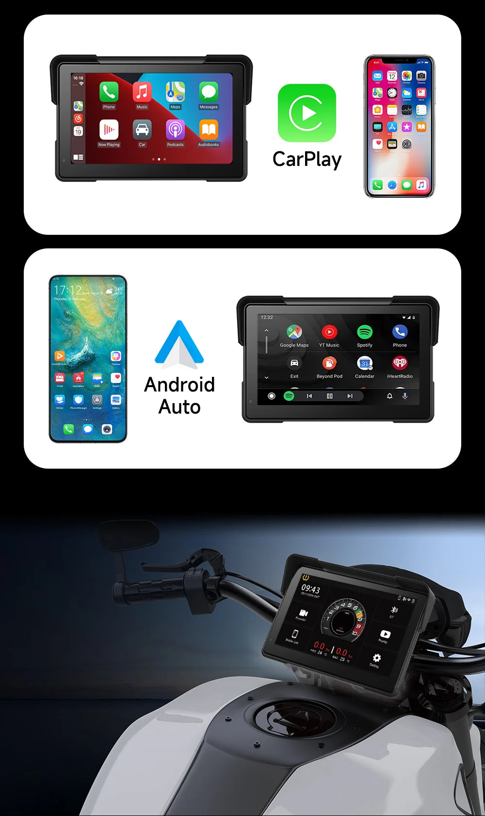 2024 Motorcycle GPS Navigation 2K HD Recorder Wireless CarPlay Android Auto Multimedia Player IP67 Waterproof Screen Bluetooth