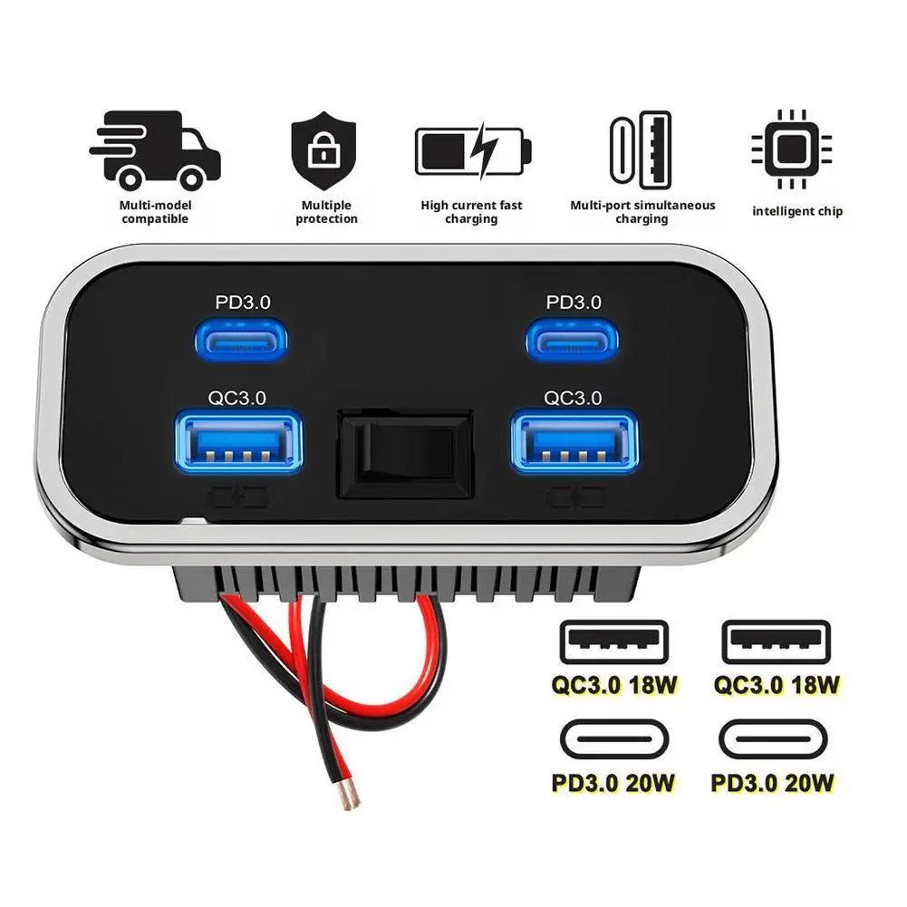 Car Charger Dual USB Type-C 4 Ports Quick Charging Socket QC3.0+PD3.0 Power Adapter For SUV RV Camping Bus Marine