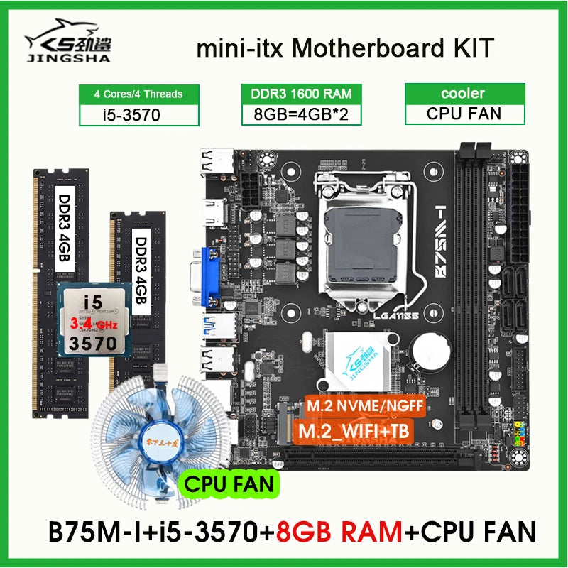 B75 M-I mini ITX Desktop Motherboard LGA 1155 Set with Core I5 3570 CPU 8GB (2*4GB)1600MHz DDR3 PC Memory and Cooler Kit Set b75
