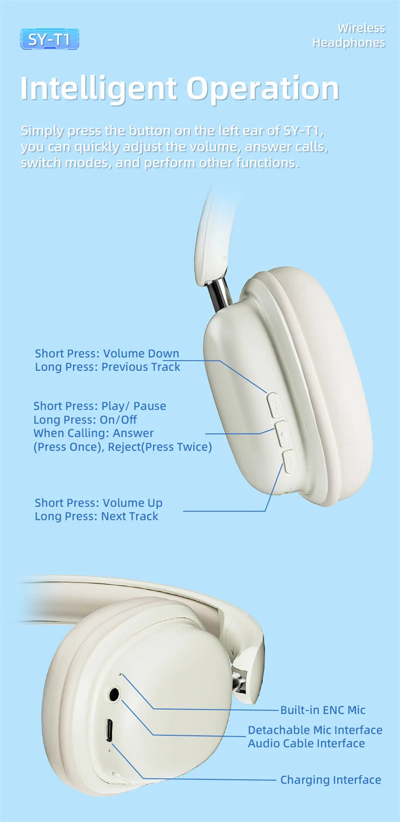 SY-T1 Foldable Wireless Headphones Lightweight Bluetooth 5.3 Earphone Pluggable Mic Stereo Music Game Headset For Friend Gifts