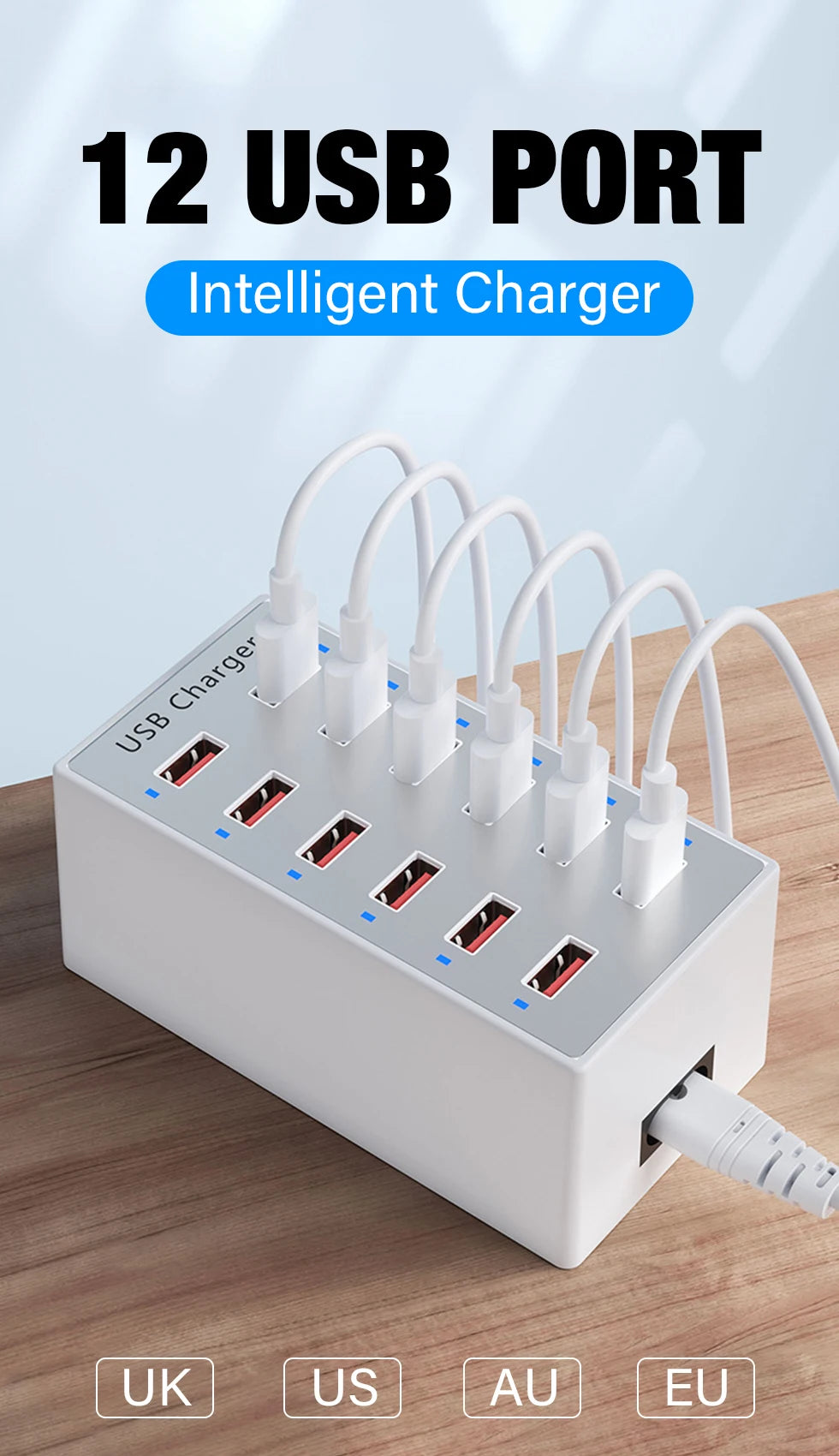 EU US UK AU Wall Desktop Power Adapter USB Charger Station Dock For Mobile Phone iPad Macbook Laptop 5V 2.4A 12 Ports Multi Plug