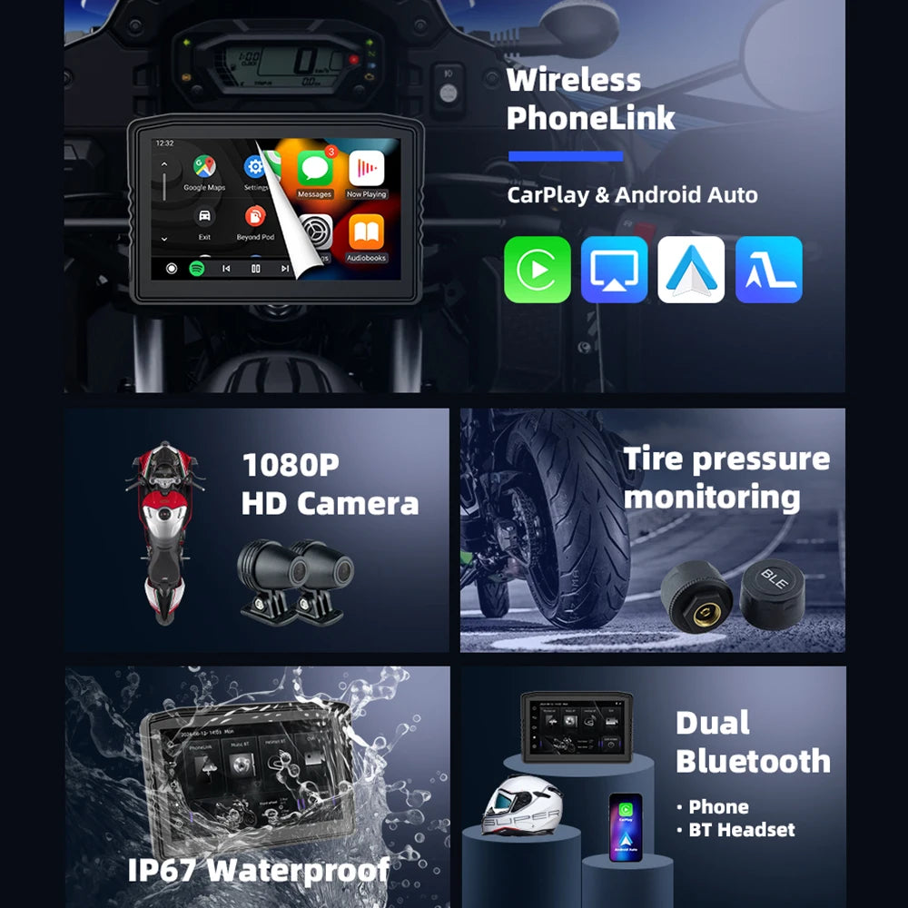 EKIY 6.25" Portable Digital Dashboard Anti Theft Removable Screen Wireless CarPlay Moto Android Auto GPS Motorcycle Navigation